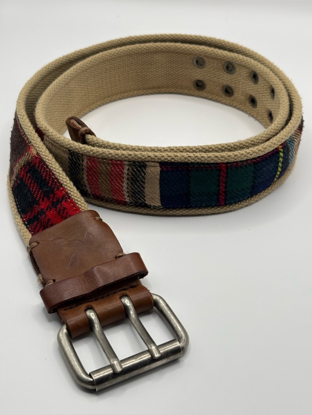 American Eagle Plaid Canvas Belt Men’s Size 36 Leather Trim Casual Preppy